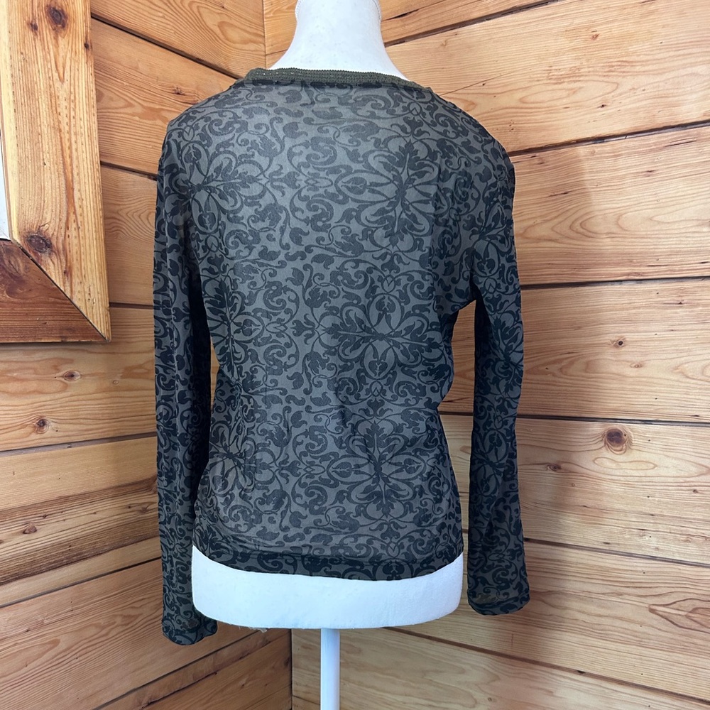 Vintage Burned Out Velvet Sheer Black Grey Long Sleeve Top Y2K Retro Womens Smal - Picture 6 of 8